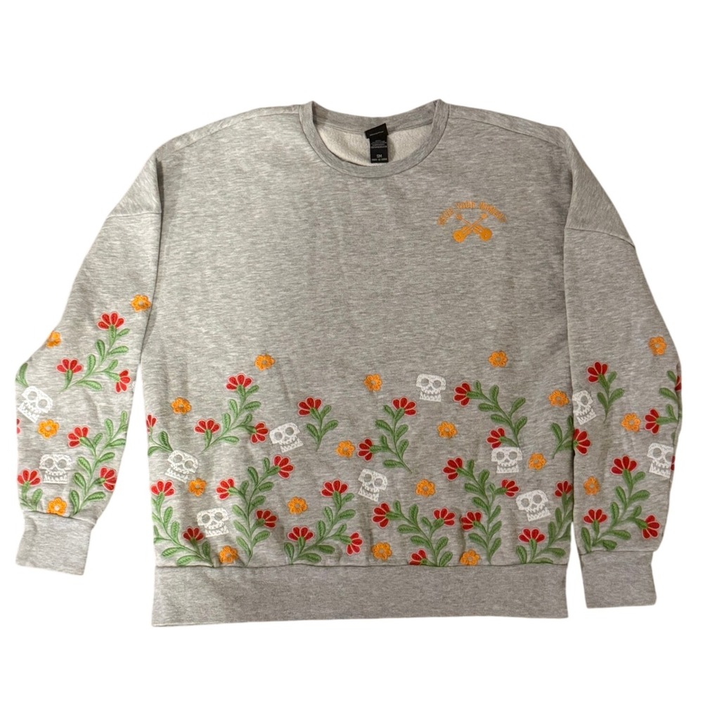 Disney Pixar Coco Skull Floral Embroidered Gray Sweatshirt Pullover SM